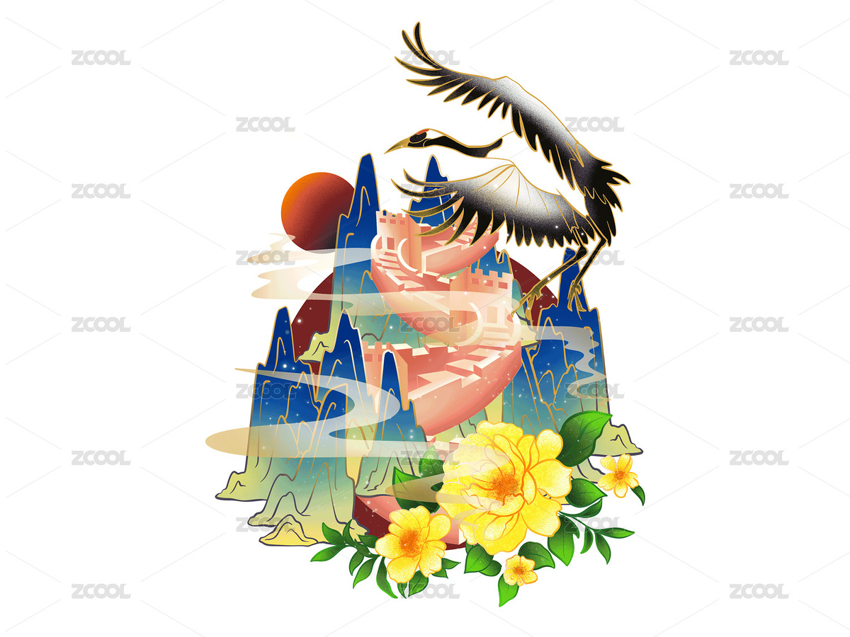 黃色國潮風(fēng)花月季花白鶴長城太陽國潮風(fēng)山（主預(yù)覽-6811944） - 未分類 - 站酷設(shè)計師he562998224原創(chuàng)素材 - 站酷ZCOOL