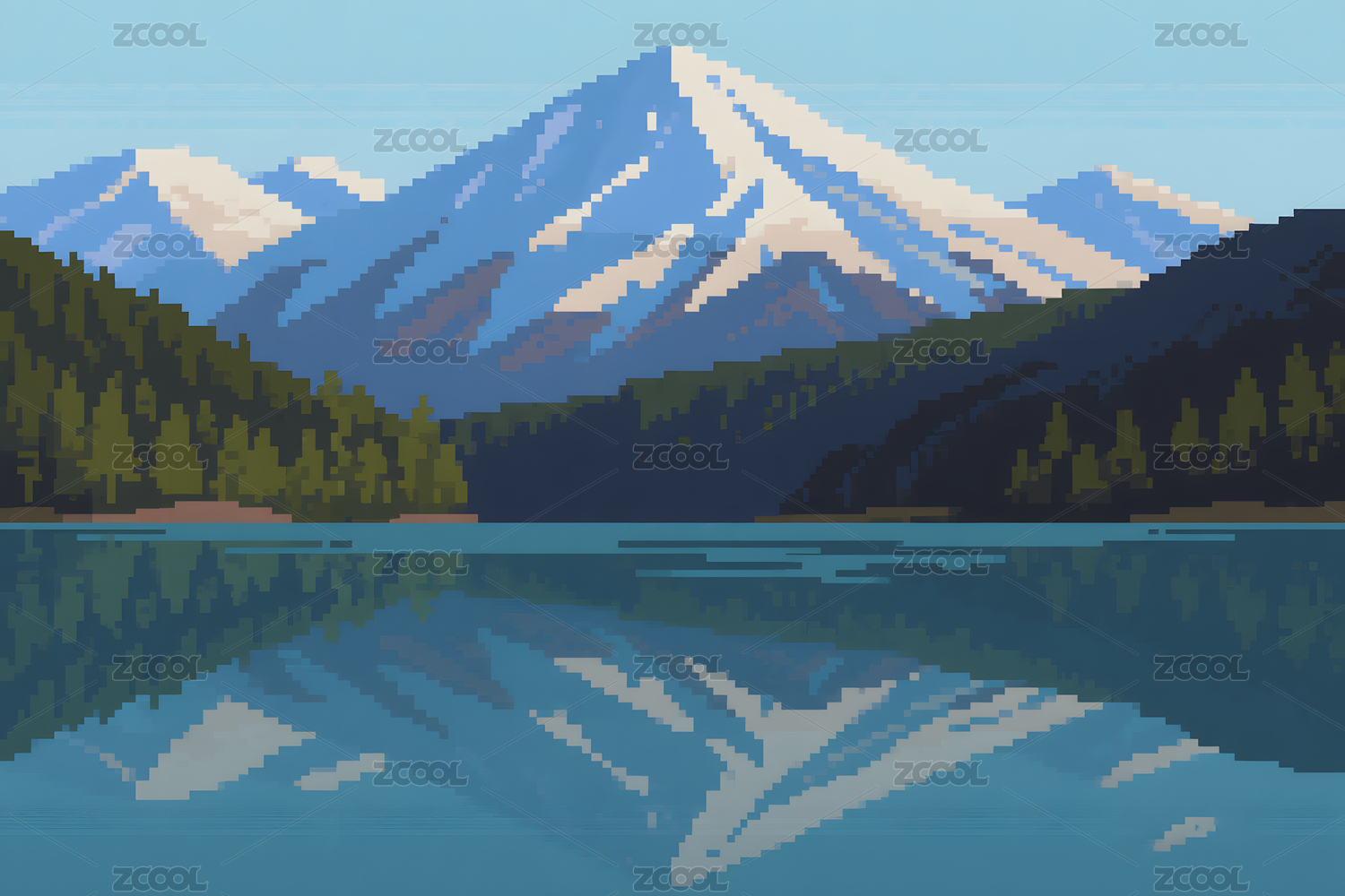 雪山湖泊像素画