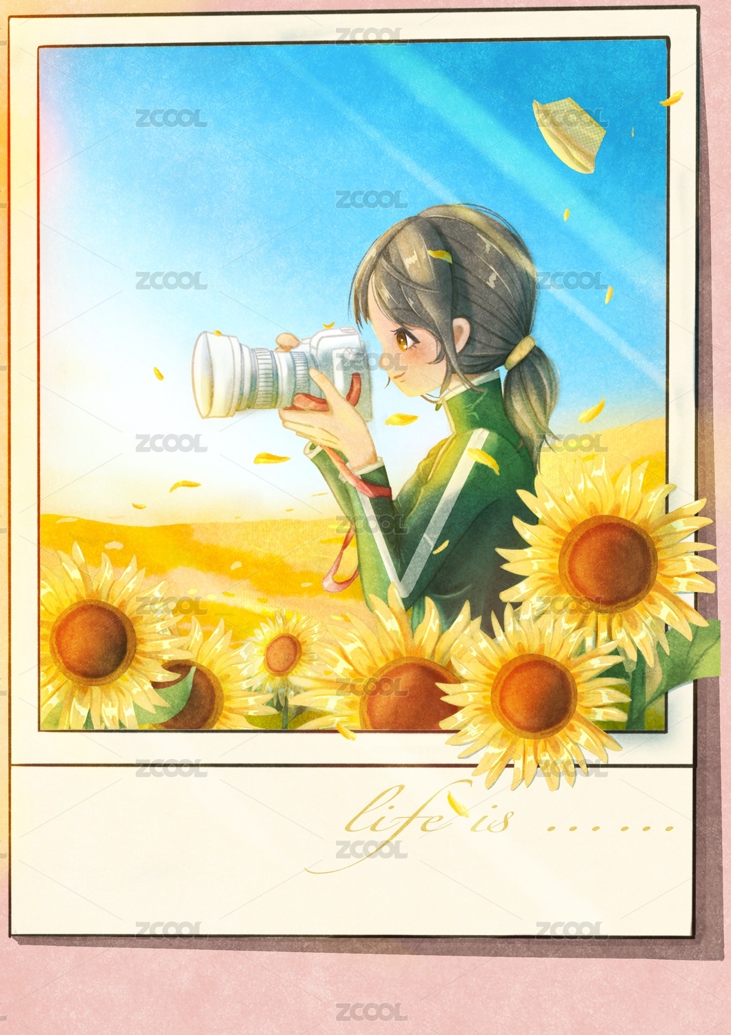 女孩在向日葵花田里摄影