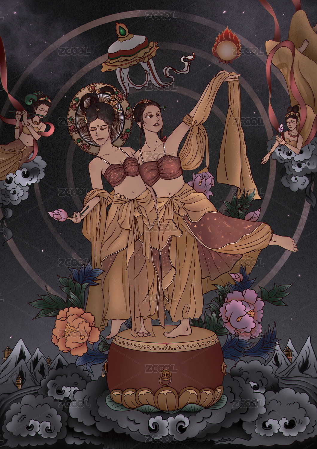 敦煌佛教唐卡仙女艺术插画