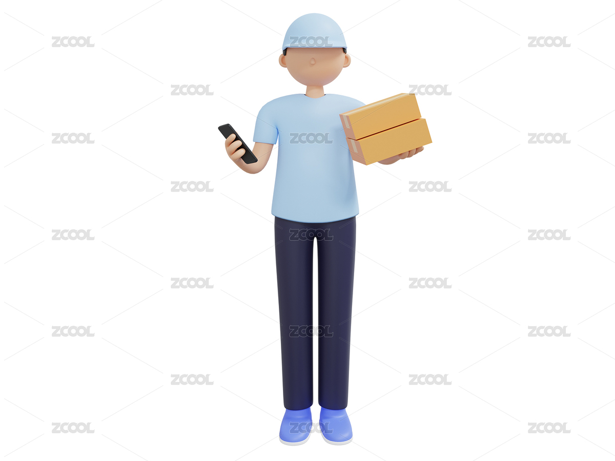 穿淺藍(lán)色上衣快遞員手拿手機(jī)和快遞3D元素（主預(yù)覽-5388314） - 未分類 - 站酷設(shè)計(jì)師h5efD8cyQR原創(chuàng)素材 - 站酷ZCOOL