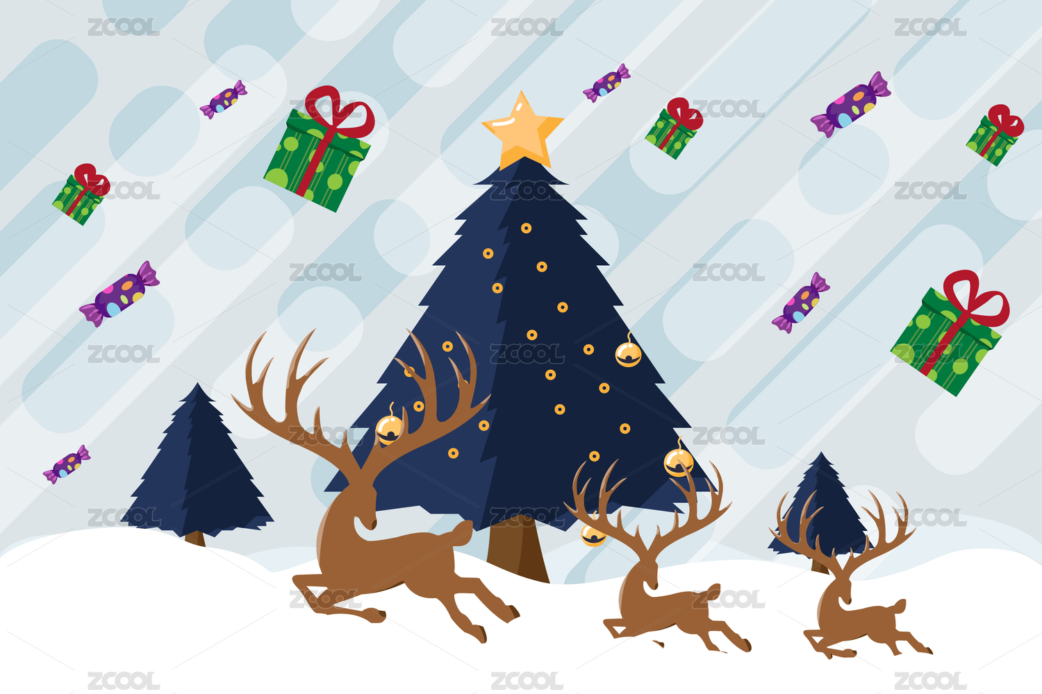 圣诞驯鹿圣诞礼物及圣诞装饰元素Flat christmas elements, reindeer with Christmas gift decoration. Merry Christmas Landscape. Vector
