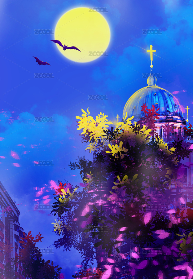 梦幻唯美插画夜晚的月色里神秘的教堂（主预览-7822618） - 未分类 - 站酷设计师xiangzihu1989原创素材 - 站酷ZCOOL