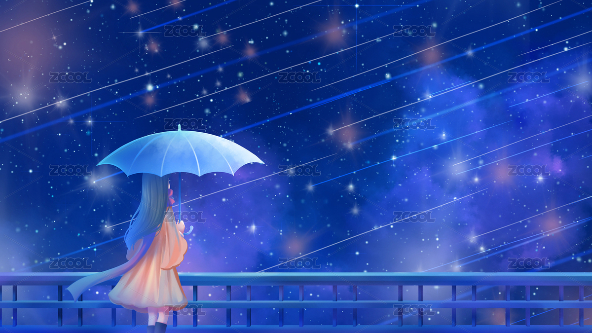 撐傘的少女欣賞夜空的流星雨深藍色唯美插畫（主預覽-8145873） - 未分類 - 站酷設計師人間人間1原創(chuàng)素材 - 站酷ZCOOL