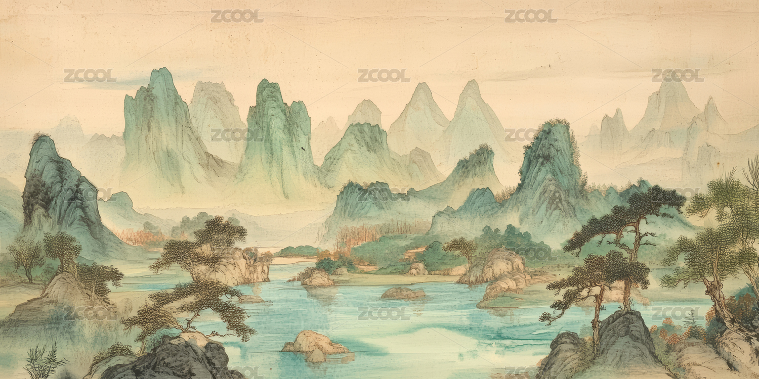 中国传统山水画风格艺术插画背景