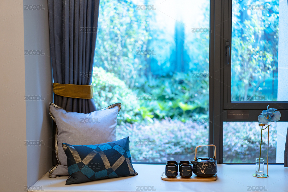 挂有窗帘的窗台上摆放着枕头和茶具（主预览-3543791） - 未分类 - 站酷设计师只取一瓢原创素材 - 站酷ZCOOL