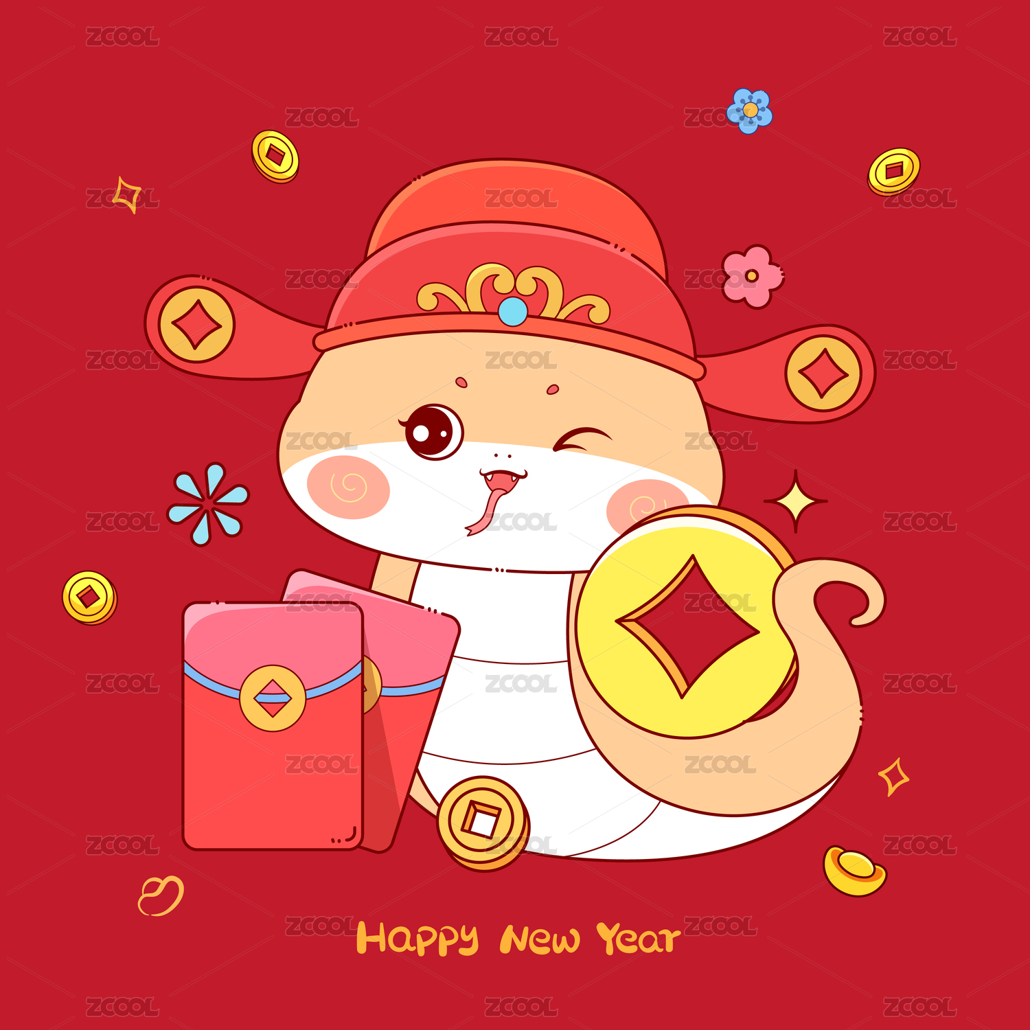 蛇年财神卡通插画