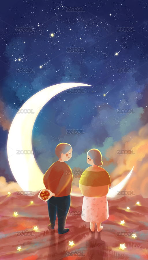 月亮星空下步行的老年夫妻背影溫馨手繪插畫(huà)（主預(yù)覽-5226456） - 未分類(lèi) - 站酷設(shè)計(jì)師早蘇oliver原創(chuàng)素材 - 站酷ZCOOL