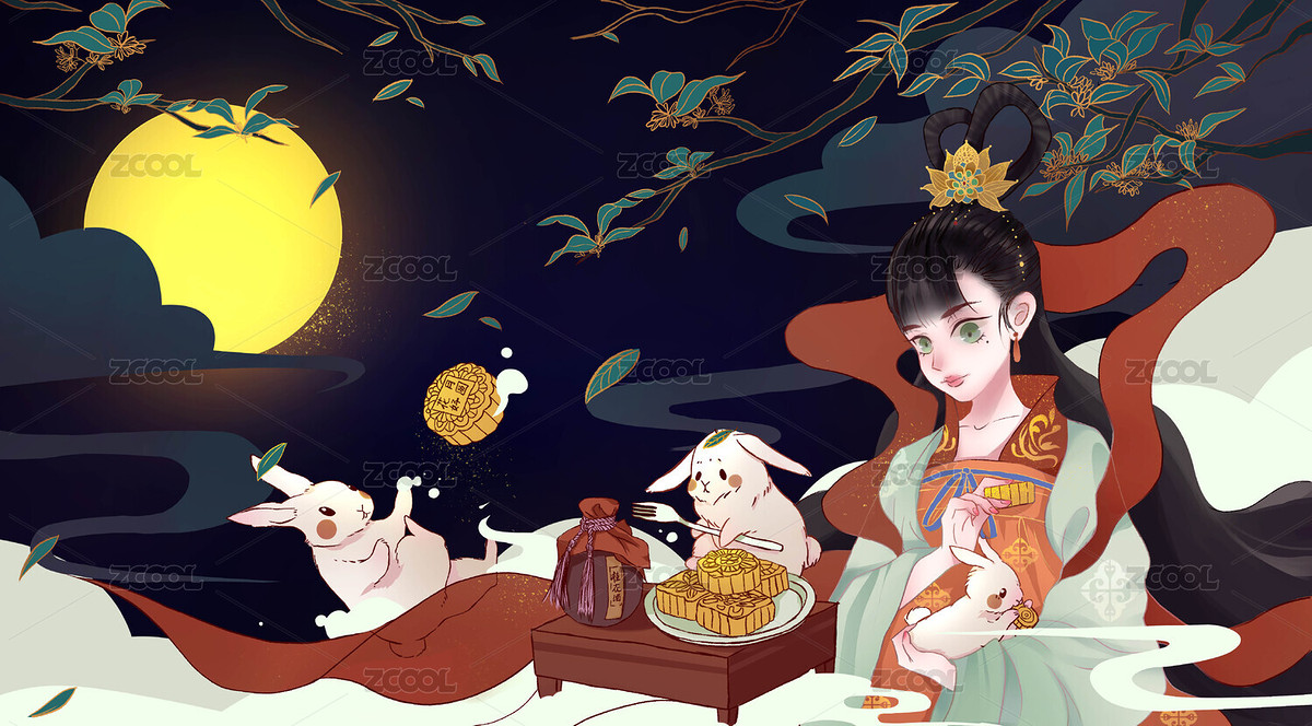嫦娥和兔子在月亮桂花树下吃月饼喝桂花酒（主预览-4040945） - 未分类 - 站酷设计师喵星仁芽原创素材 - 站酷ZCOOL
