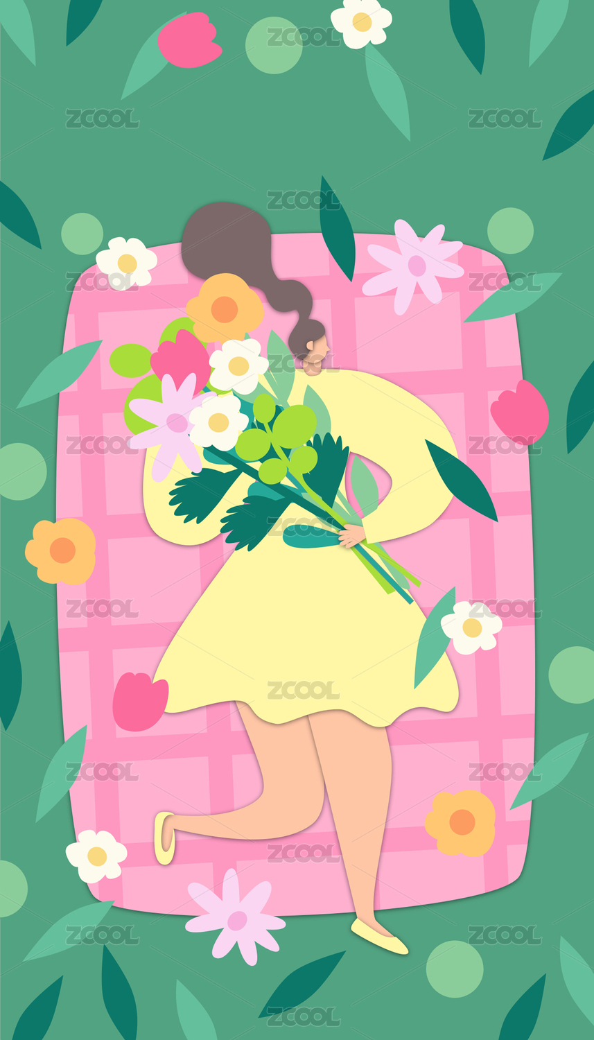 女孩捧着花躺在草地上扁平剪纸风运营插画