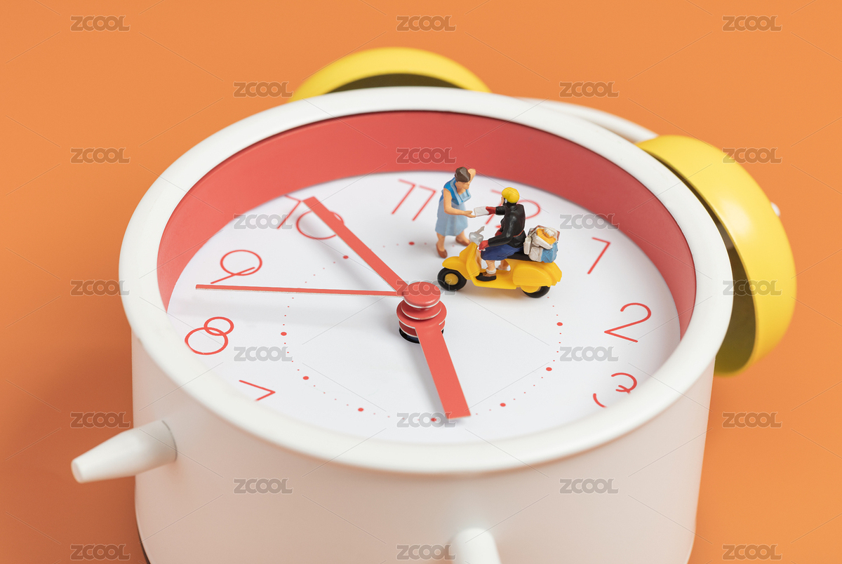 微縮創(chuàng)意鬧鐘上的快遞員正在派件中（主預覽-7304945） - 未分類 - 站酷設計師黑白湊原創(chuàng)素材 - 站酷ZCOOL