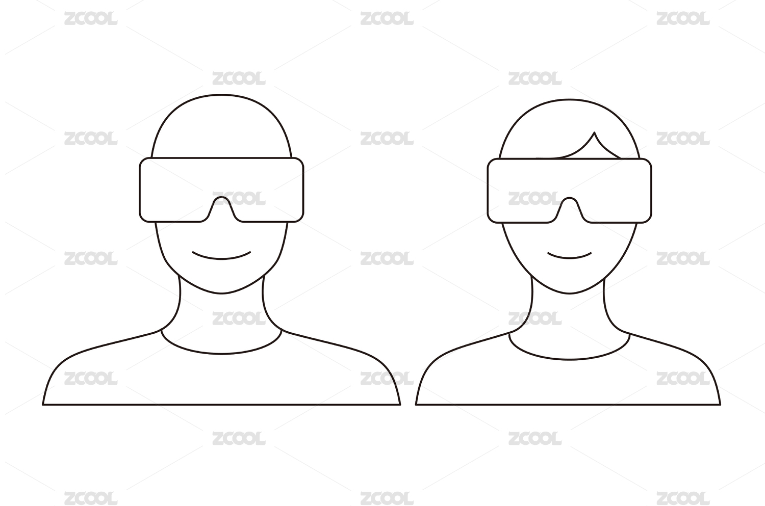戴着VR虚拟现实眼镜的男人和女人线条设计