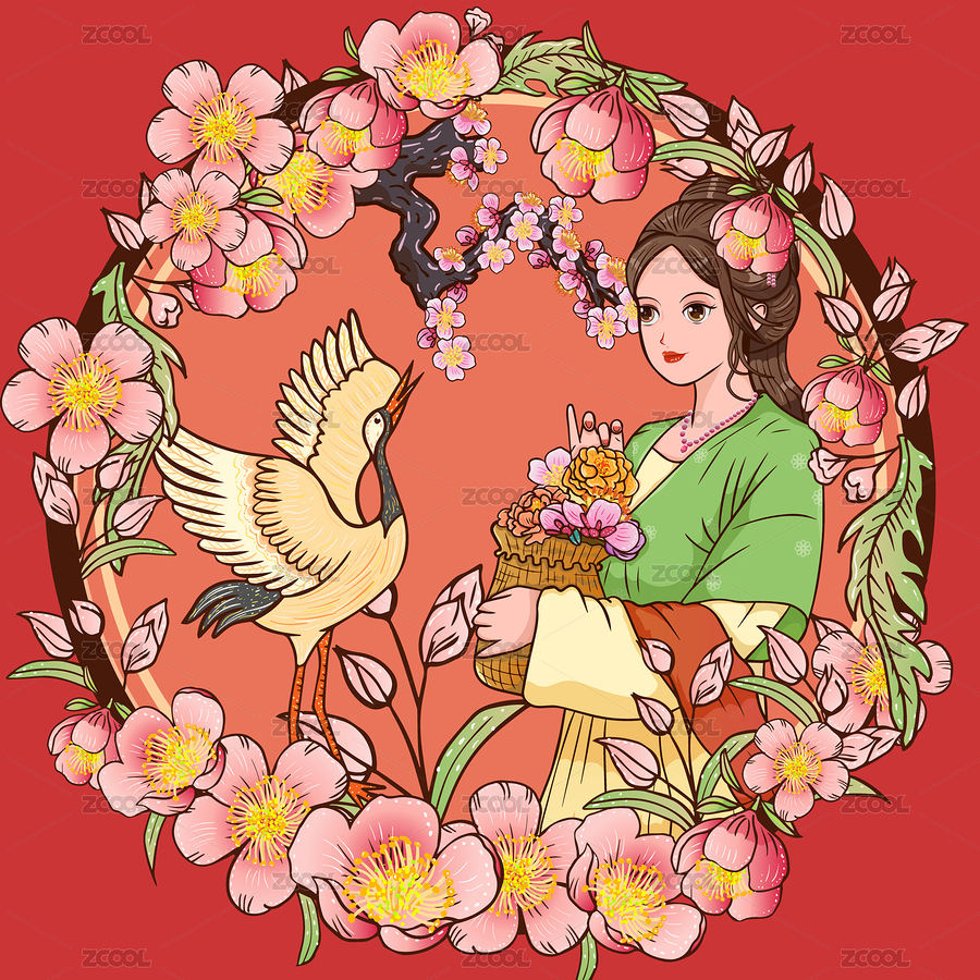 国潮国风古典女子和鹤矢量插画（主预览-7508497） - 未分类 - 站酷设计师知名退堂鼓设计师原创素材 - 站酷ZCOOL