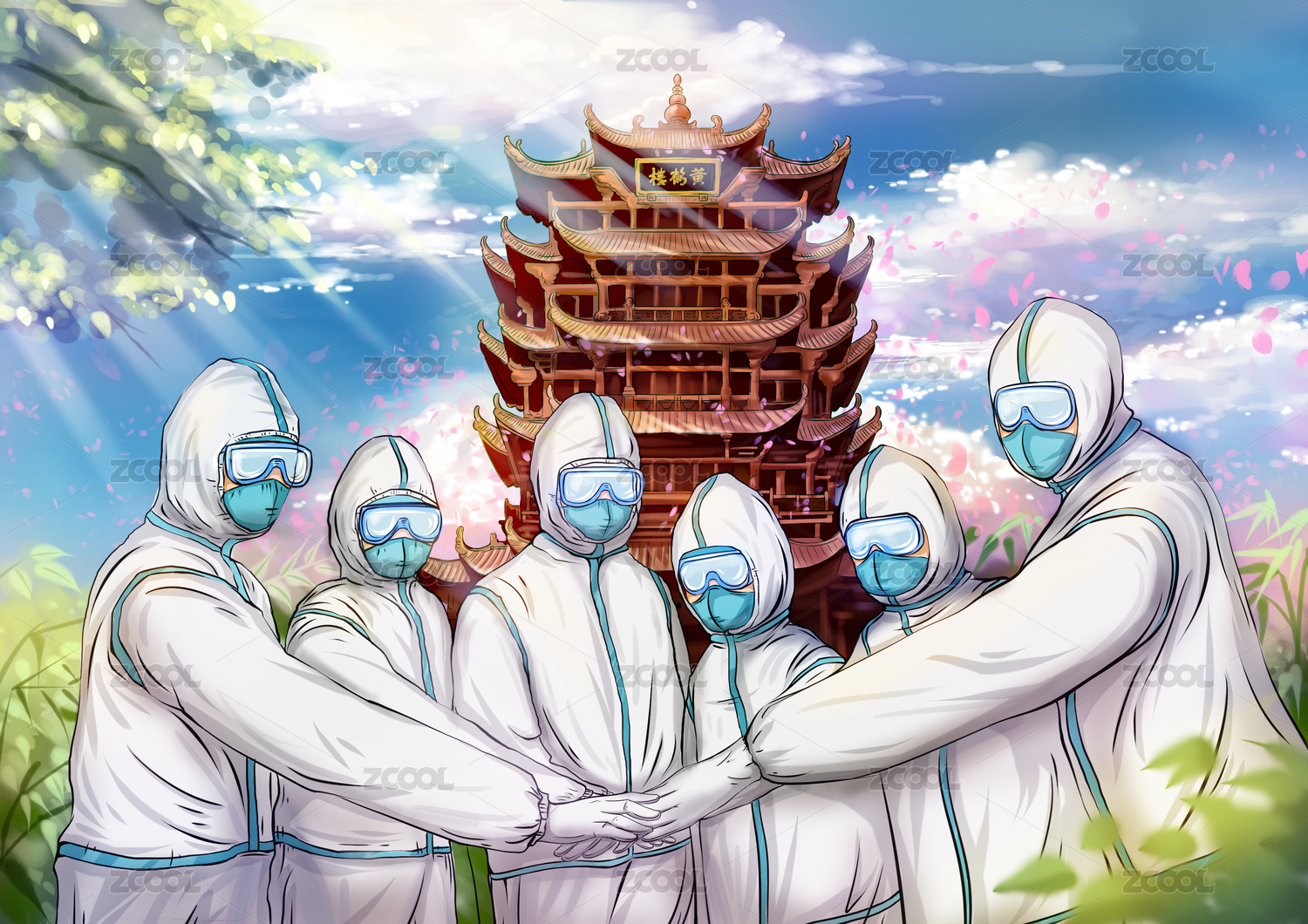 黄鹤楼前万众一心的医护人员