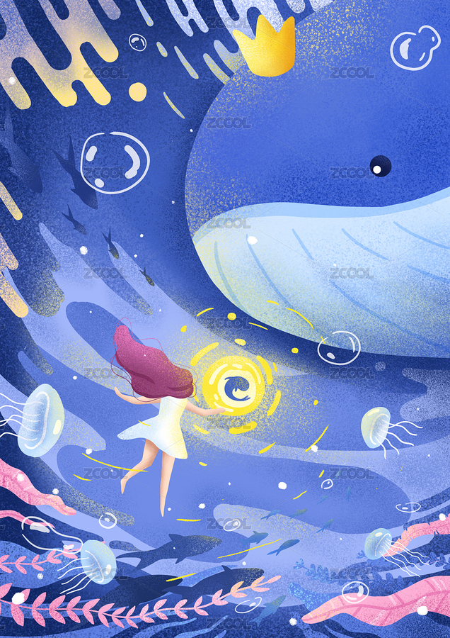 扁平插画海底世界鲸鱼和女孩（主预览-7535647） - 未分类 - 站酷设计师橘子作图原创素材 - 站酷ZCOOL