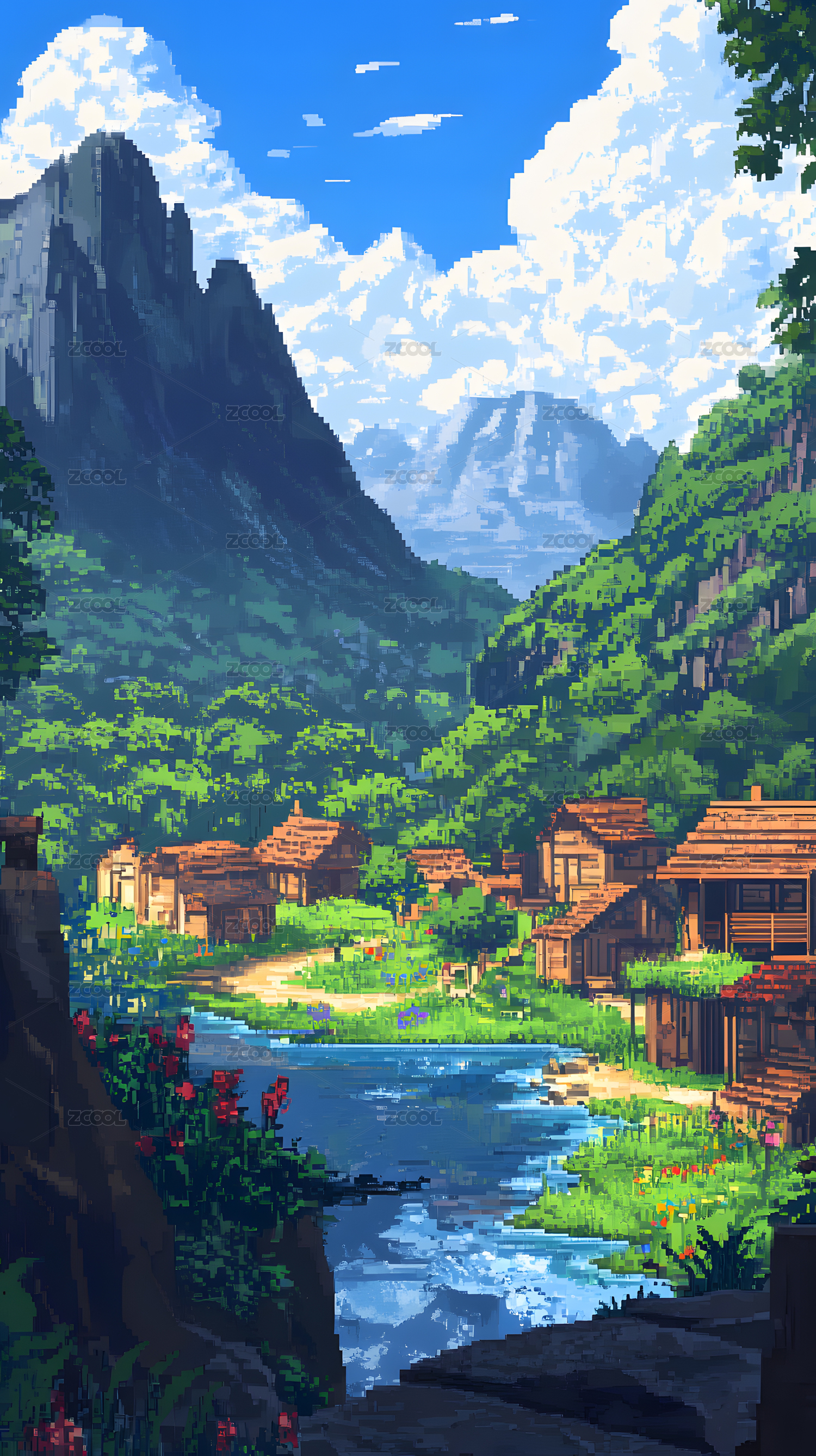 山谷河边村庄风景像素画