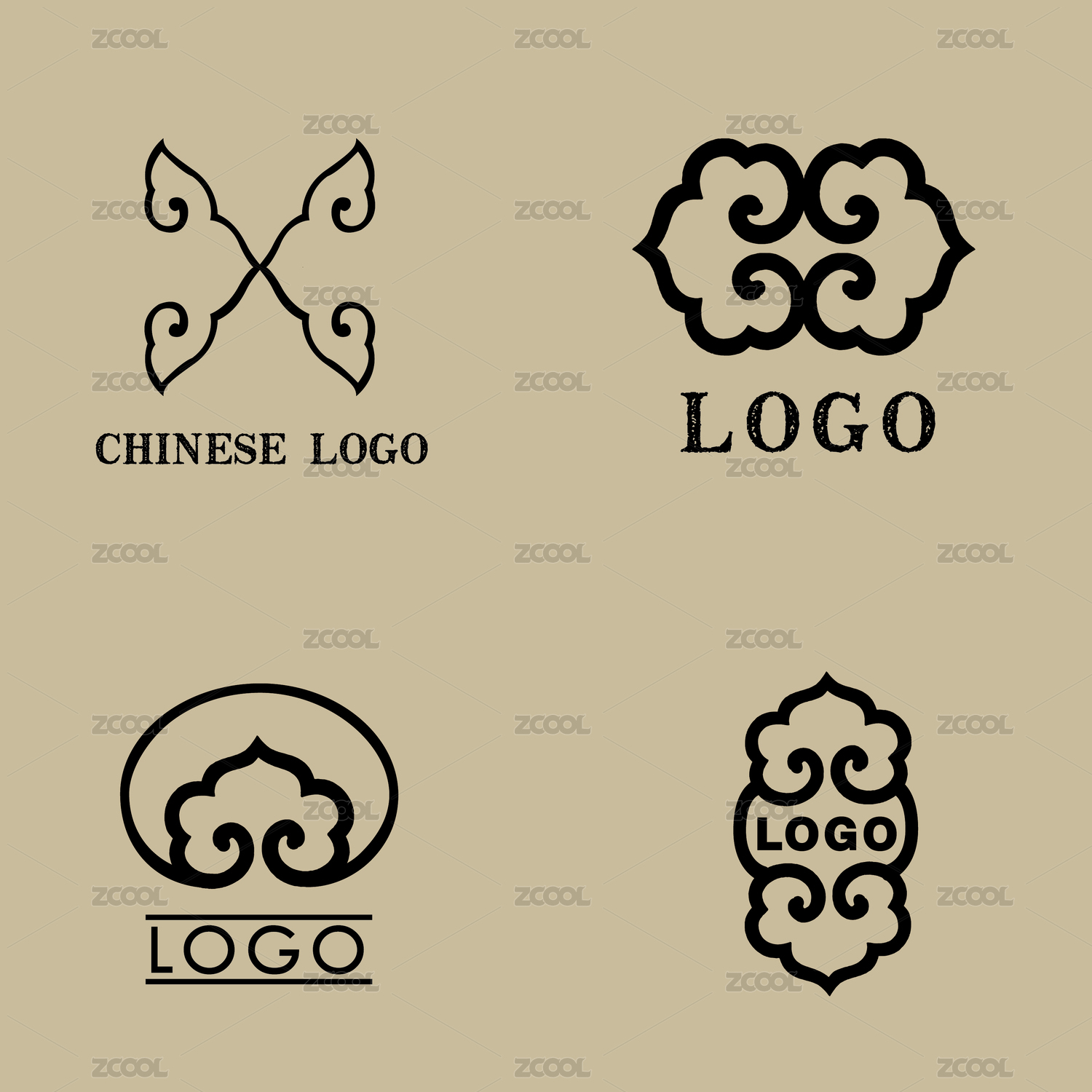 中国古典吉祥  图案 X 字母  标志logo素材 祥云 卷草 对称
