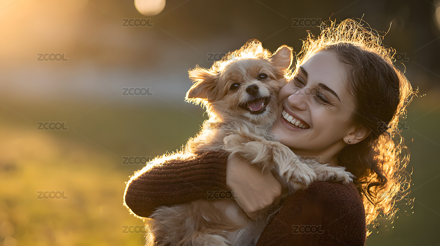 户外夕阳下抱着狗的女人宠物摄影