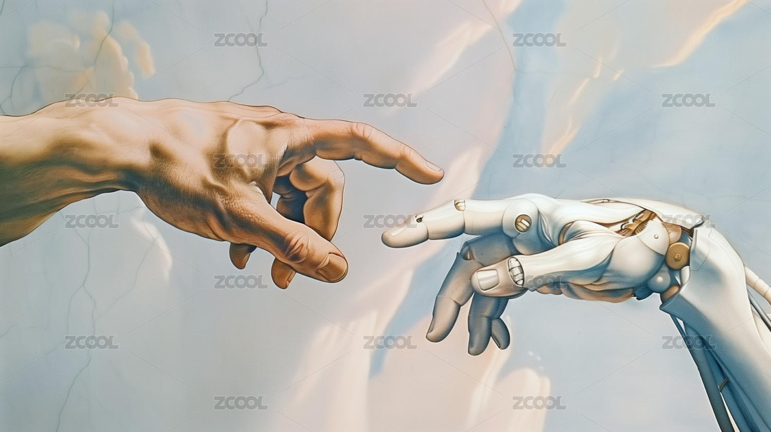 一只人类的手和一只机器人的手食指触碰