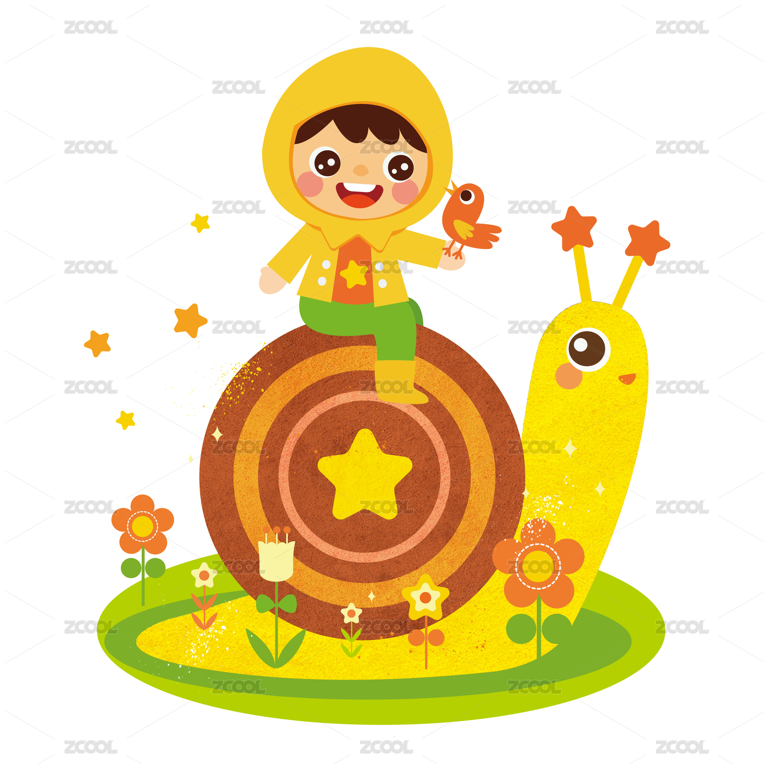 可爱的卡通图案小孩骑在蜗牛背上