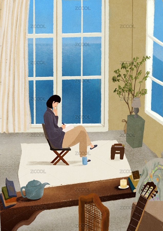 落地窗前看书的女子（主预览-2879746） - 未分类 - 站酷设计师21的插画生活原创素材 - 站酷ZCOOL