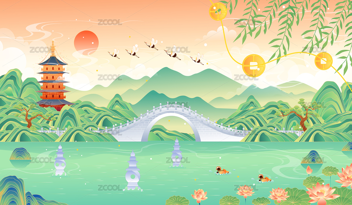 杭州西湖美麗的風(fēng)景矢量插畫（主預(yù)覽-2641520） - 未分類 - 站酷設(shè)計師晚風(fēng)在畫畫原創(chuàng)素材 - 站酷ZCOOL