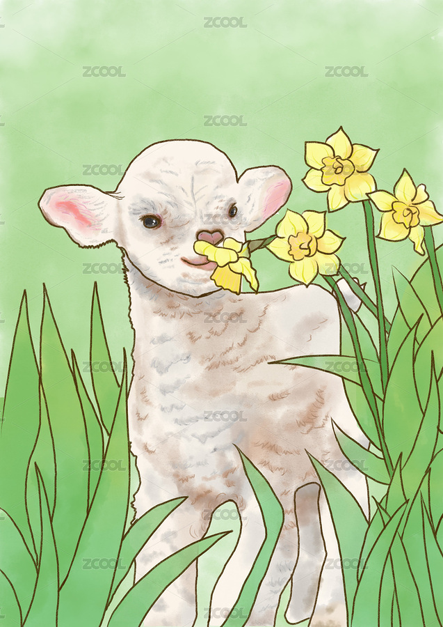 小羊在草叢中聞著水仙花（主預(yù)覽-6686509） - 未分類 - 站酷設(shè)計師亞亞呀y(tǒng)aaaaa原創(chuàng)素材 - 站酷ZCOOL