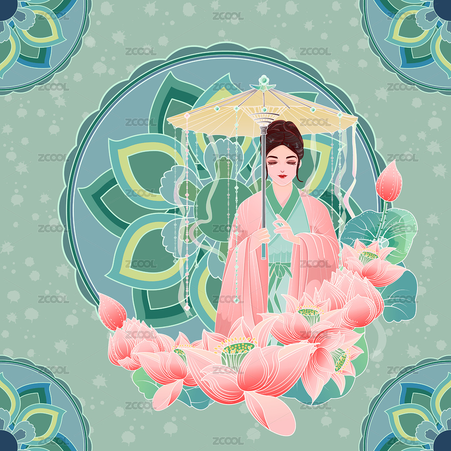 荷花月令花神古風(fēng)女孩撐傘矢量線性插畫（主預(yù)覽-1324366） - 未分類 - 站酷設(shè)計師知名退堂鼓設(shè)計師原創(chuàng)素材 - 站酷ZCOOL