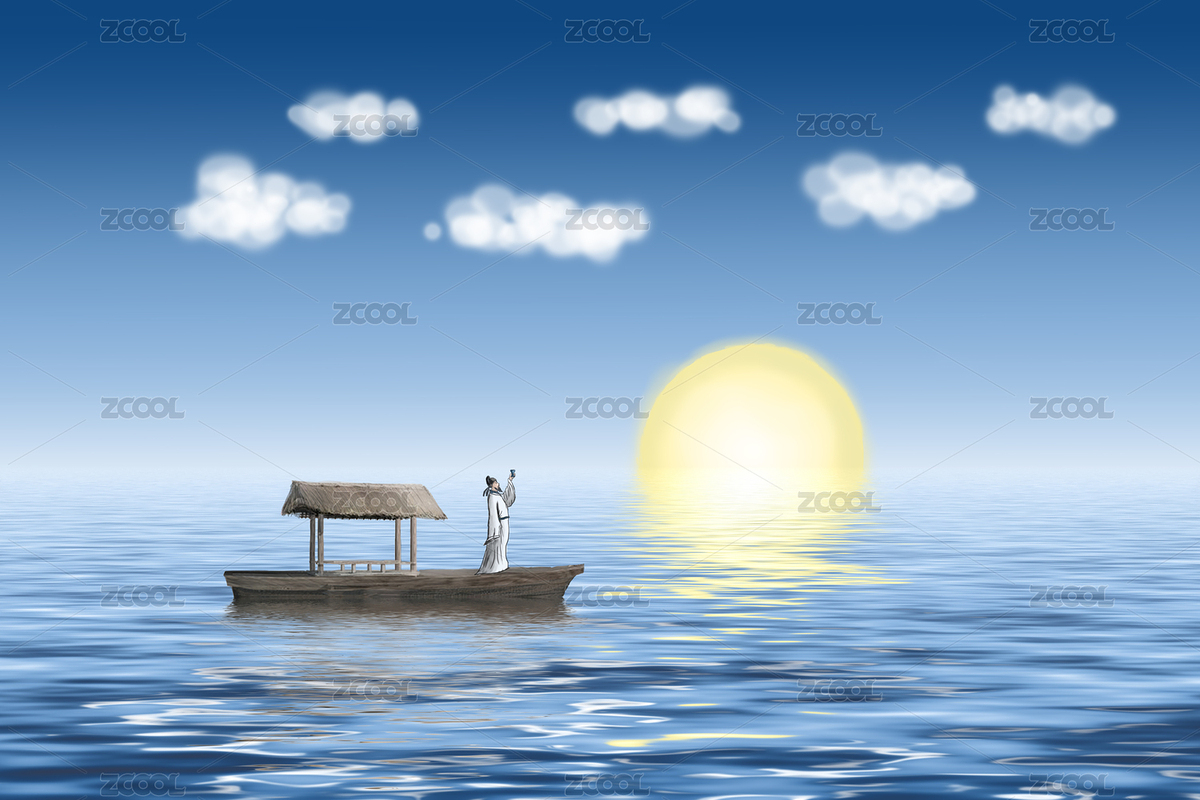 李白站在小舟上舉杯望向海面上緩緩升起的明月的背景插圖（主預(yù)覽-7561441） - 未分類 - 站酷設(shè)計師90后kid原創(chuàng)素材 - 站酷ZCOOL
