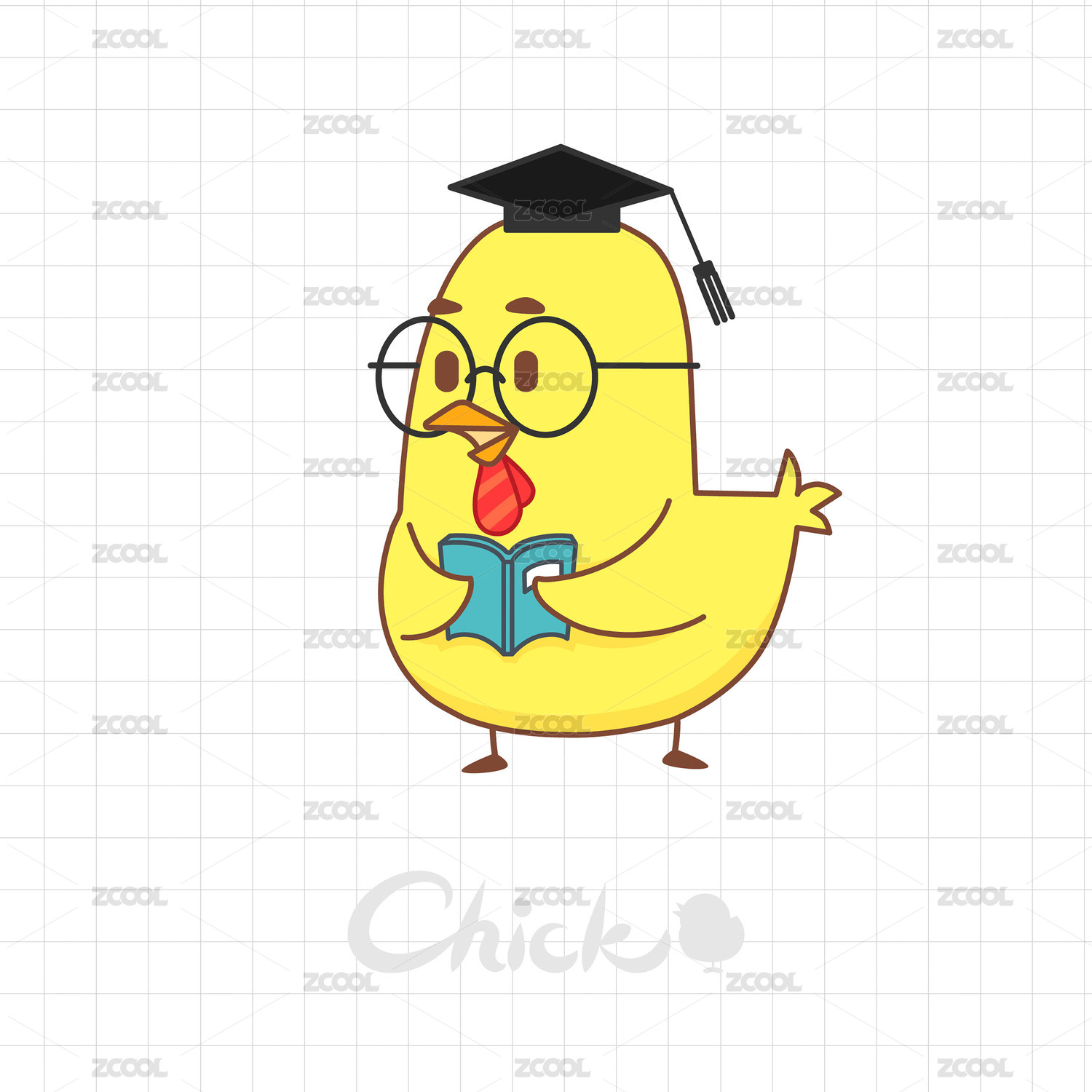 可爱博士小鸡卡通矢量插画手拿书本认真学习认真读书中黄金知识