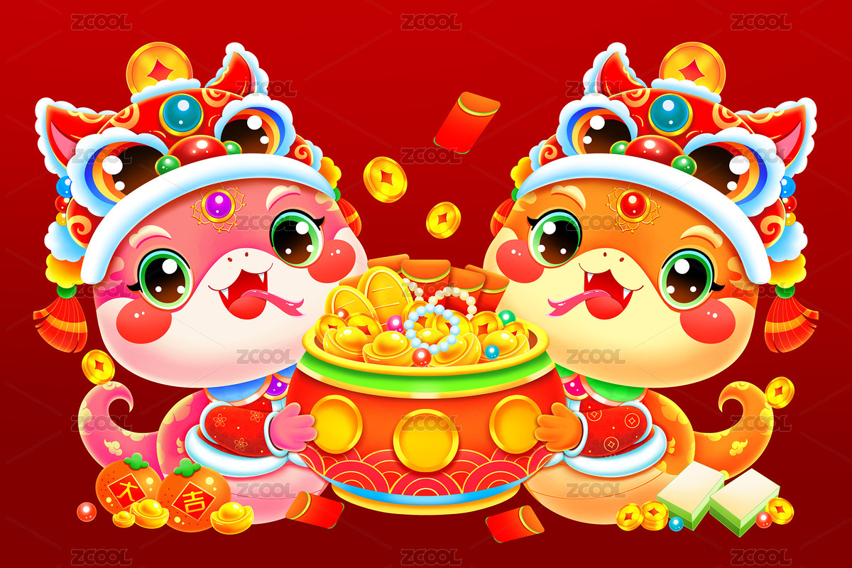 國潮春節(jié)新年蛇年傳統(tǒng)抱聚寶盆蛇情侶（主預(yù)覽-6533693） - 未分類 - 站酷設(shè)計(jì)師萌萌的小姐姐原創(chuàng)素材 - 站酷ZCOOL