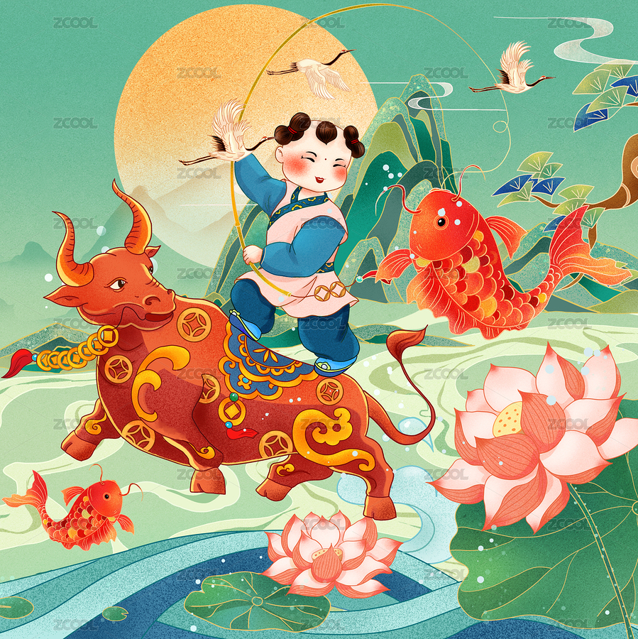 牛年插畫(huà)騎牛釣魚(yú)的散財(cái)童子（主預(yù)覽-6179925） - 未分類 - 站酷設(shè)計(jì)師甘草的畫(huà)園原創(chuàng)素材 - 站酷ZCOOL