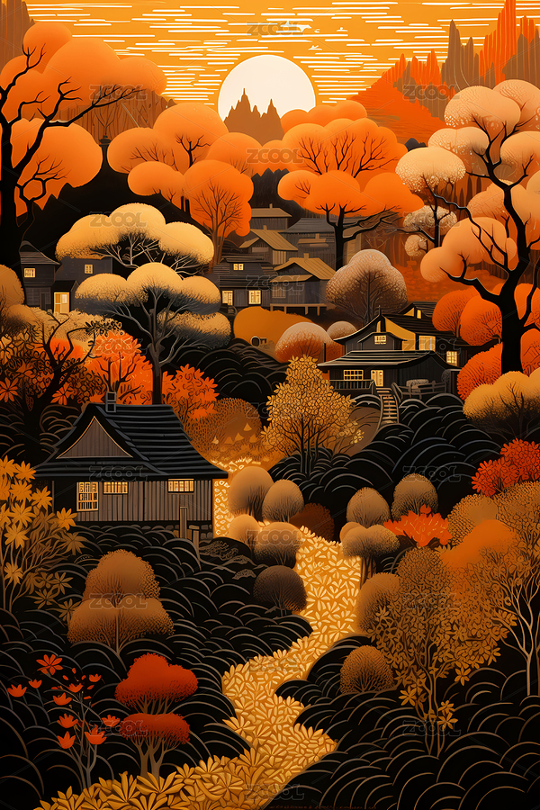 日落时的秋天风景油画抽象装饰画（主预览-8956106） - 未分类 - 站酷设计师U酱_Design原创素材 - 站酷ZCOOL