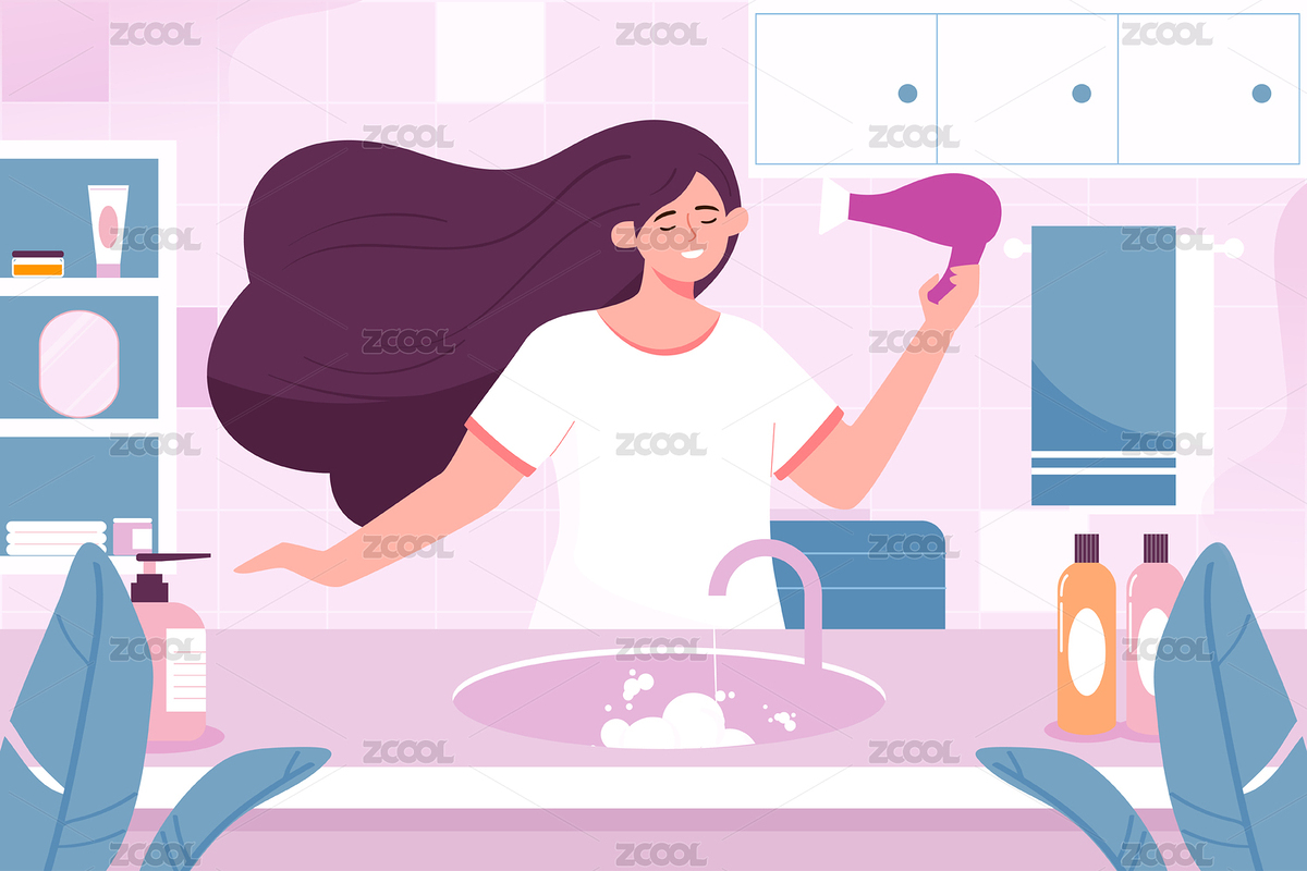 女生日常生活護(hù)理吹風(fēng)機(jī)吹頭發(fā)造型護(hù)膚插畫（主預(yù)覽-5678825） - 未分類 - 站酷設(shè)計(jì)師熊伍_(kāi)原創(chuàng)素材 - 站酷ZCOOL