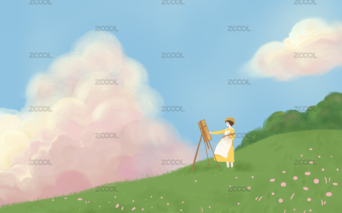 小清新宮崎駿人物風景女孩畫畫場景插畫（主預覽-4307262） - 未分類 - 站酷設計師畫畫的四葉原創(chuàng)素材 - 站酷ZCOOL