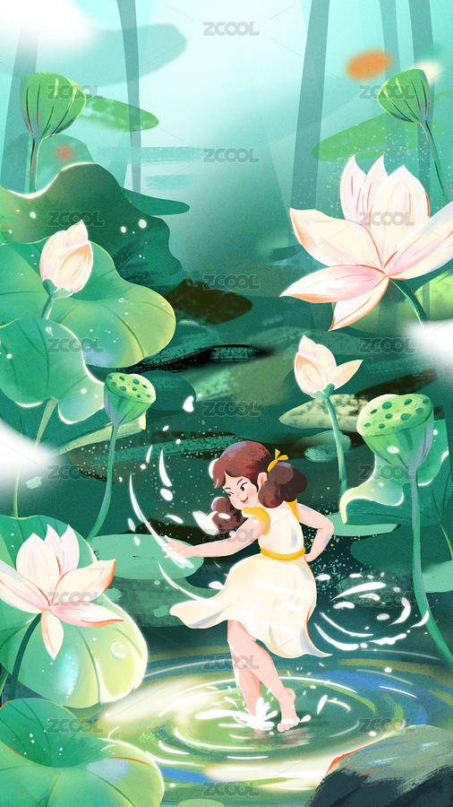 夏天孩子在池塘里玩水節(jié)氣插畫（主預覽-2552588） - 未分類 - 站酷設計師卡菲原創(chuàng)素材 - 站酷ZCOOL