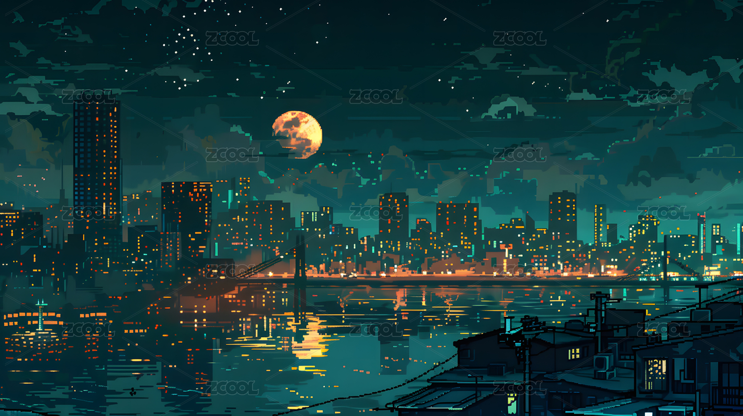 城市的夜晚像素画