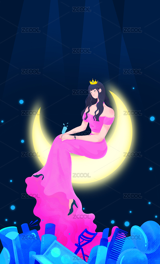 夜空背景下弯月和女神（主预览-8469439） - 未分类 - 站酷设计师穿马甲的叶子原创素材 - 站酷ZCOOL