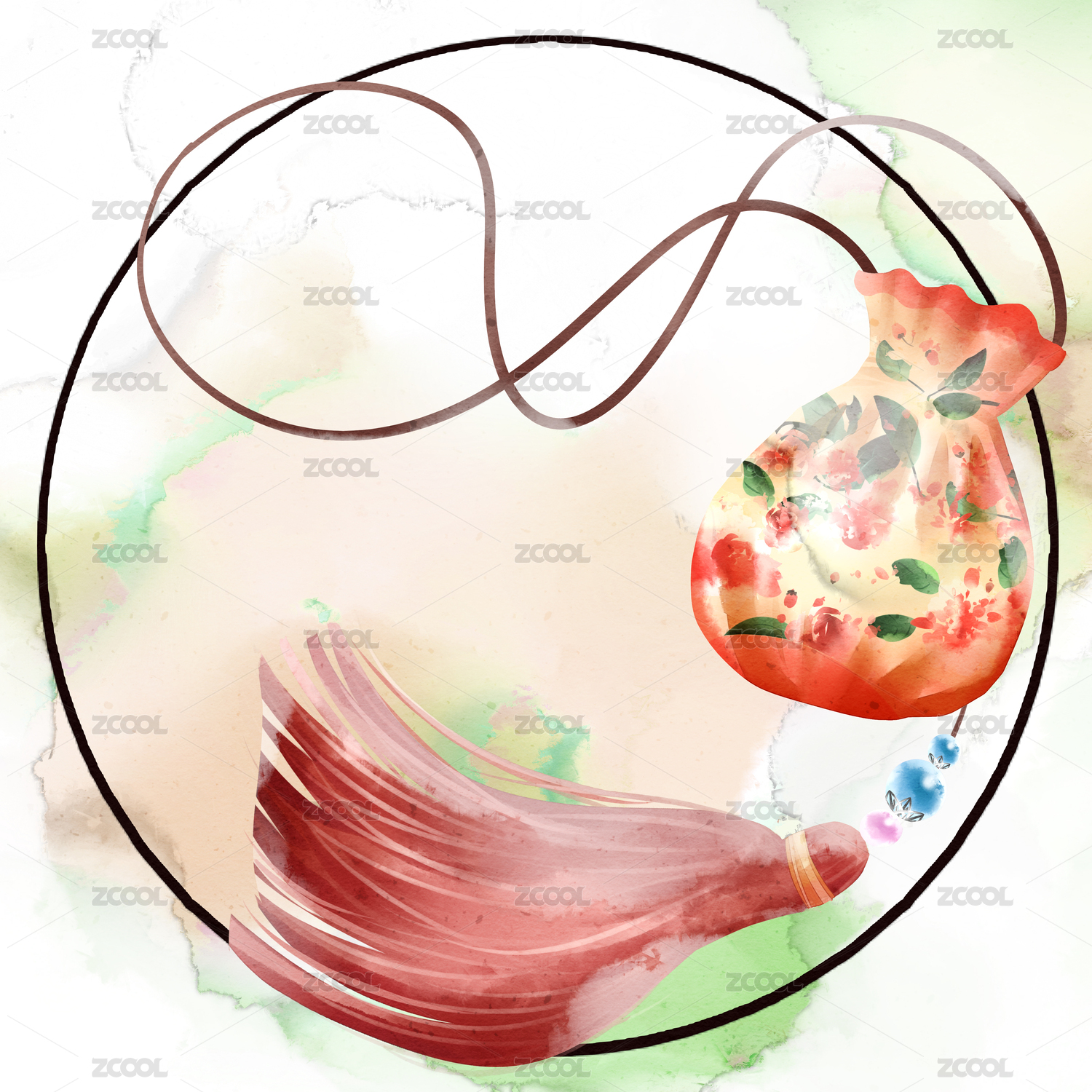 水彩风格中国古代配饰香囊插画