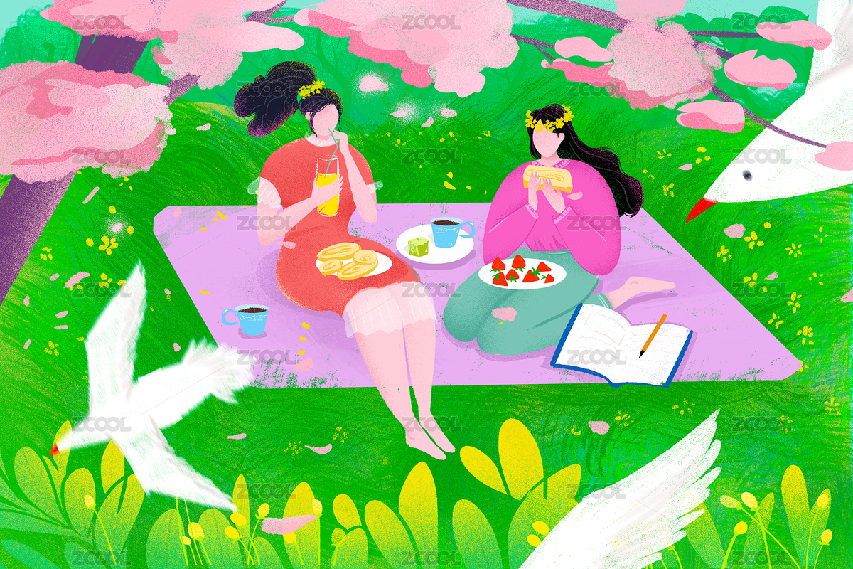清新唯美女孩赏花野餐扁平肌理插画（主预览-8793384） - 未分类 - 站酷设计师春木芽原创素材 - 站酷ZCOOL