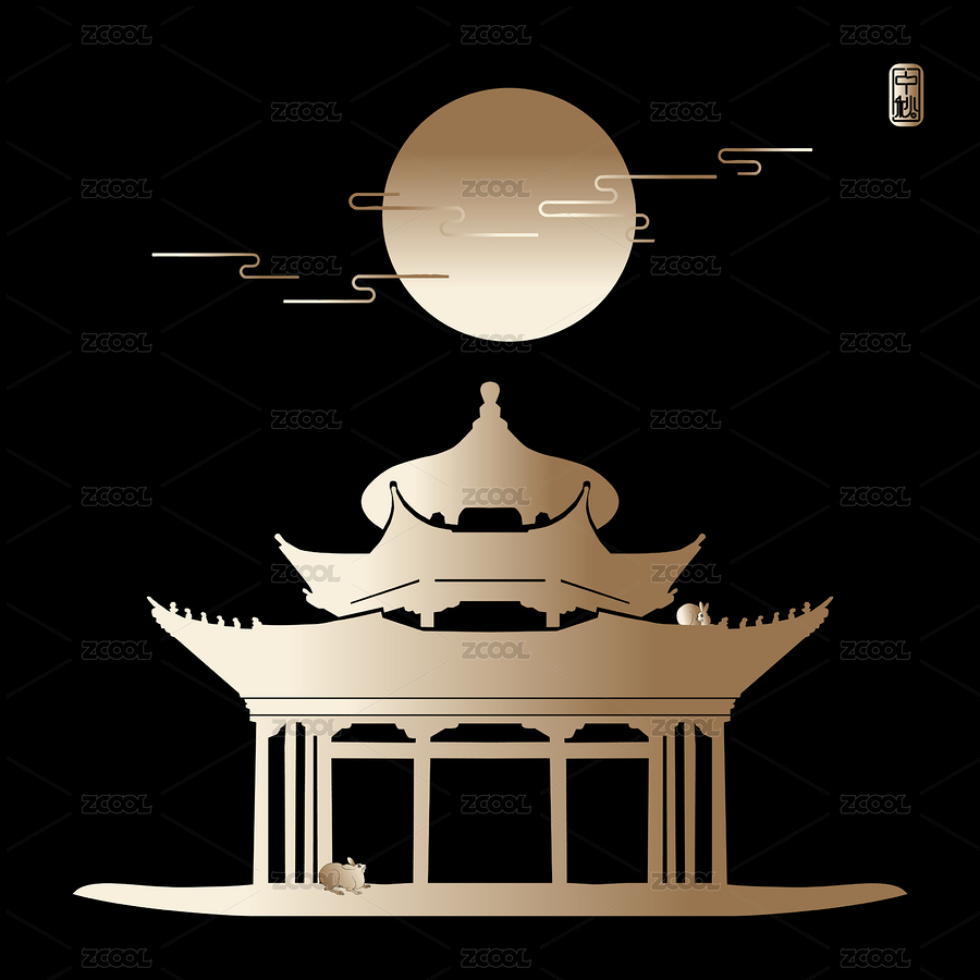 古亭月夜金色剪影矢量插画（主预览-3646641） - 未分类 - 站酷设计师猎意品牌设计原创素材 - 站酷ZCOOL