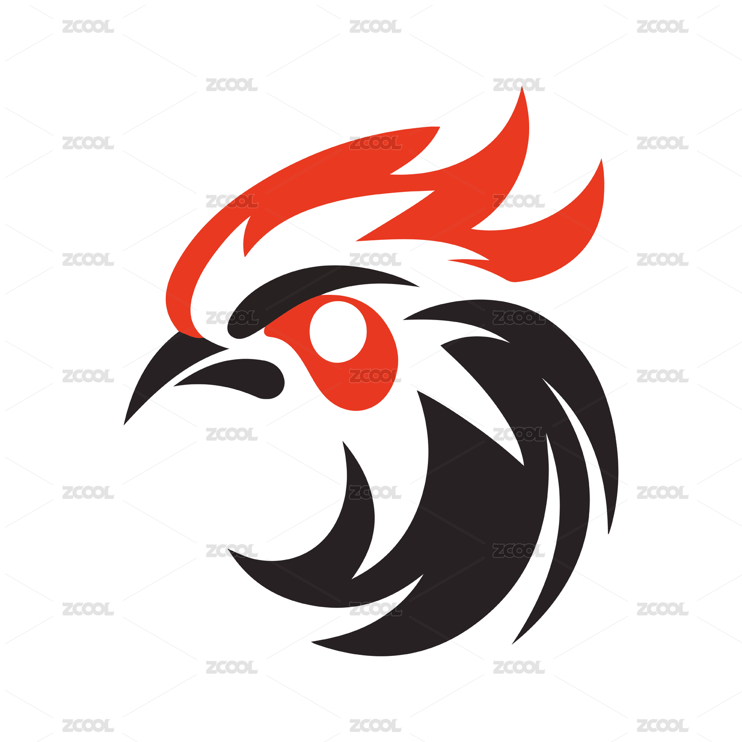 黑色和红色简约设计的公鸡头矢量logo
