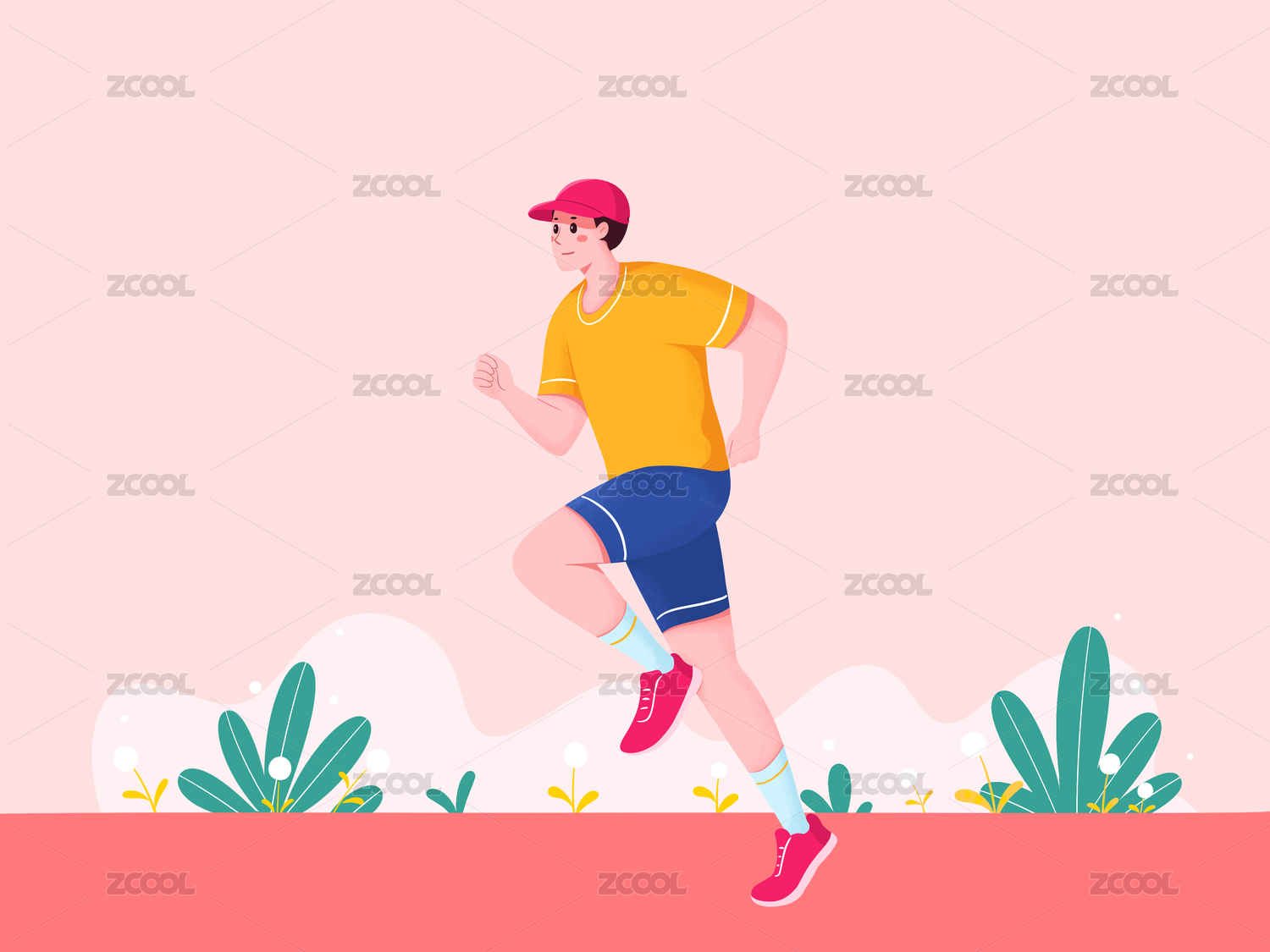 扁平插画青年男性在跑步的侧面
