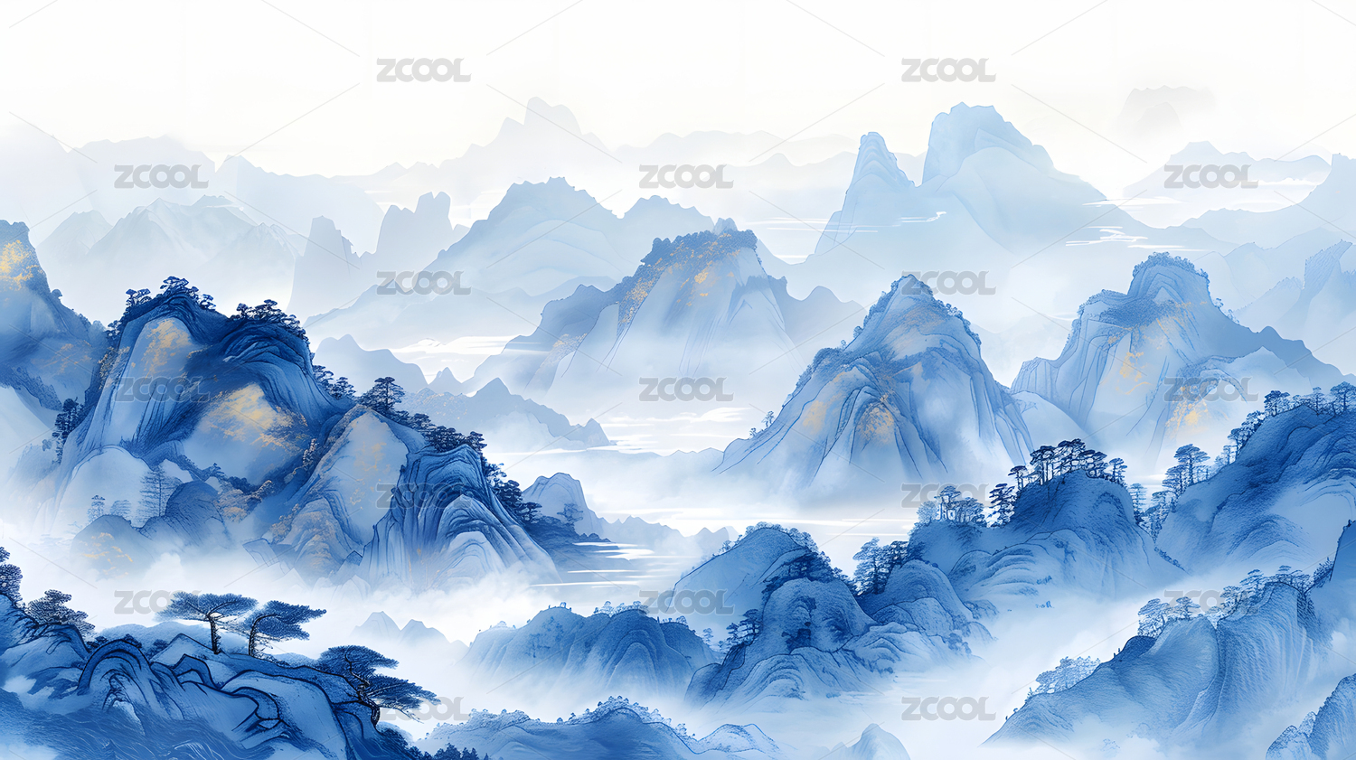 国风青花瓷风格山水艺术插画