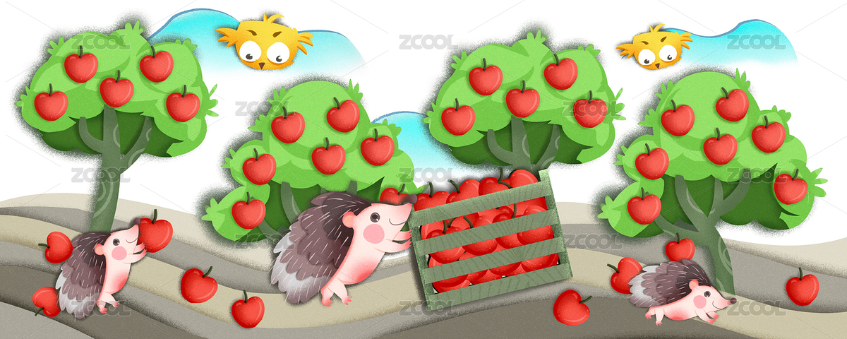 剪紙風(fēng)格可愛(ài)的刺猬在果園收獲蘋(píng)果插畫(huà)（主預(yù)覽-8131164） - 未分類(lèi) - 站酷設(shè)計(jì)師他山之石hyde原創(chuàng)素材 - 站酷ZCOOL