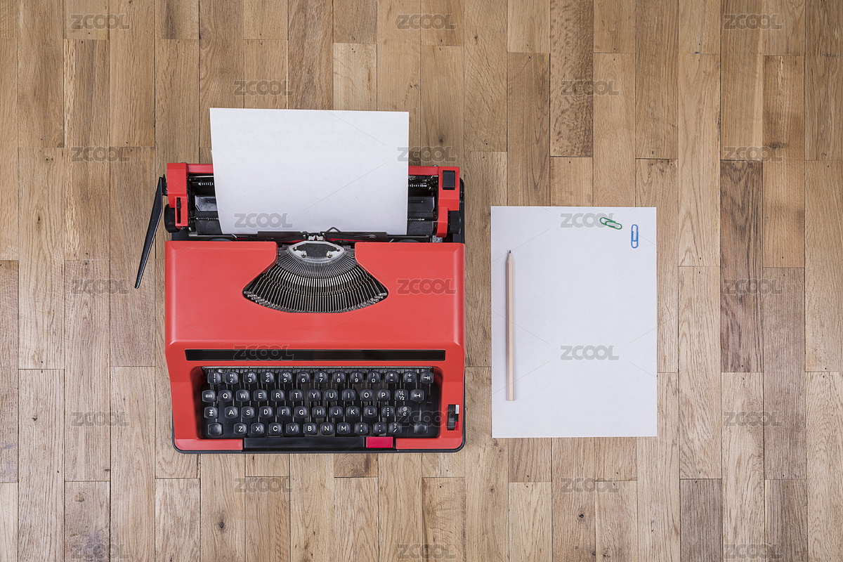 木地板上的白紙和鉛筆別針和夾著白紙的紅色復(fù)古打字機（主預(yù)覽-8531183） - 未分類 - 站酷設(shè)計師賀四喜原創(chuàng)素材 - 站酷ZCOOL
