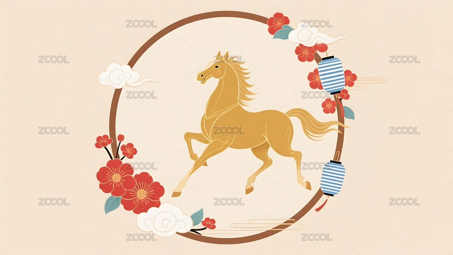 金色骏马与传统花卉图案