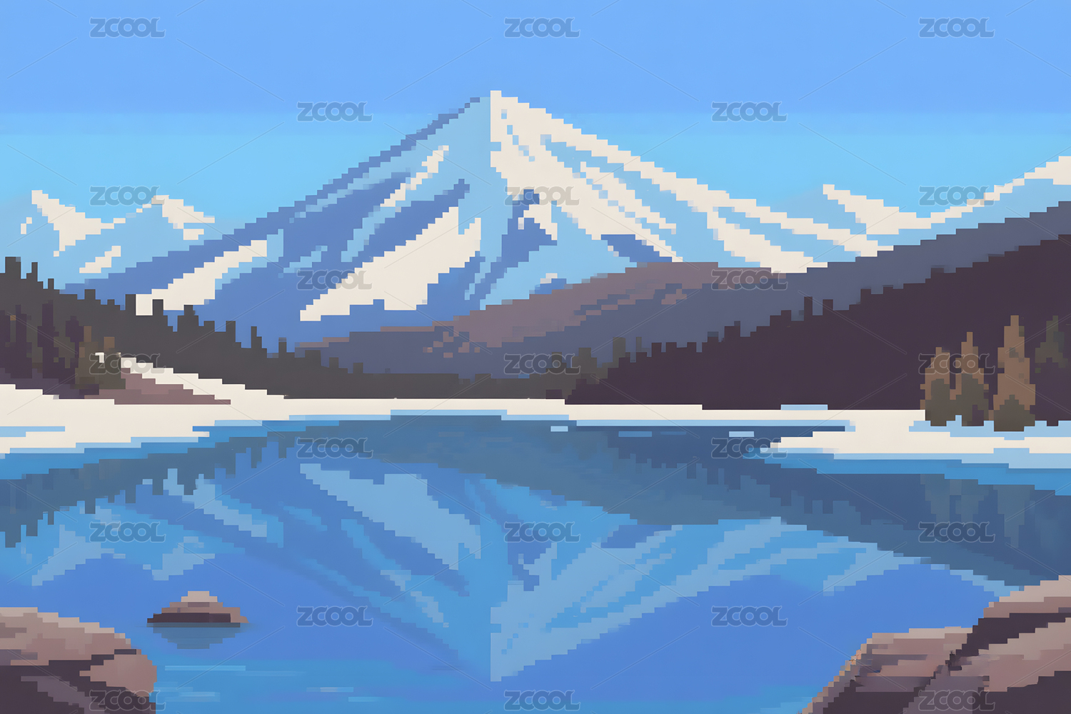 雪山湖泊像素画