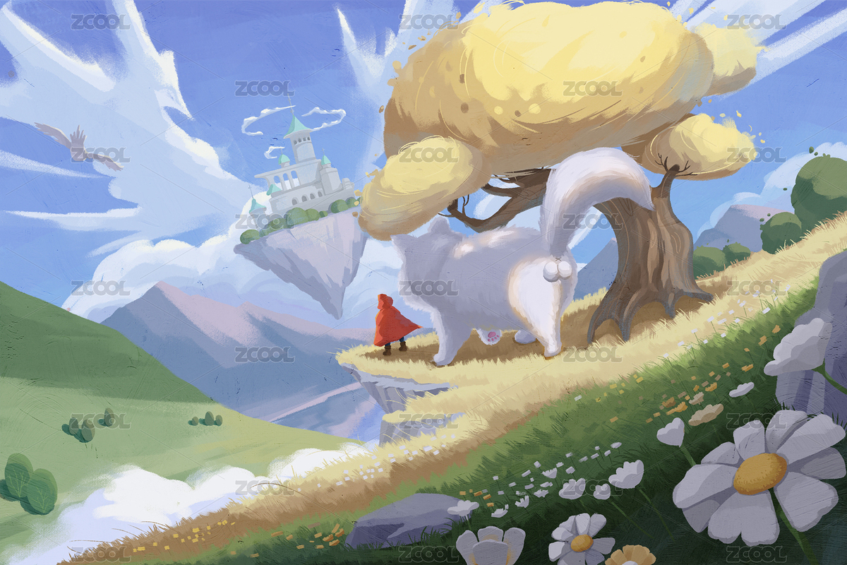 紅色斗篷小孩和大貓?zhí)魍h(yuǎn)方飛行的城堡（主預(yù)覽-4683338） - 未分類 - 站酷設(shè)計(jì)師畫畫的黑皮ya原創(chuàng)素材 - 站酷ZCOOL
