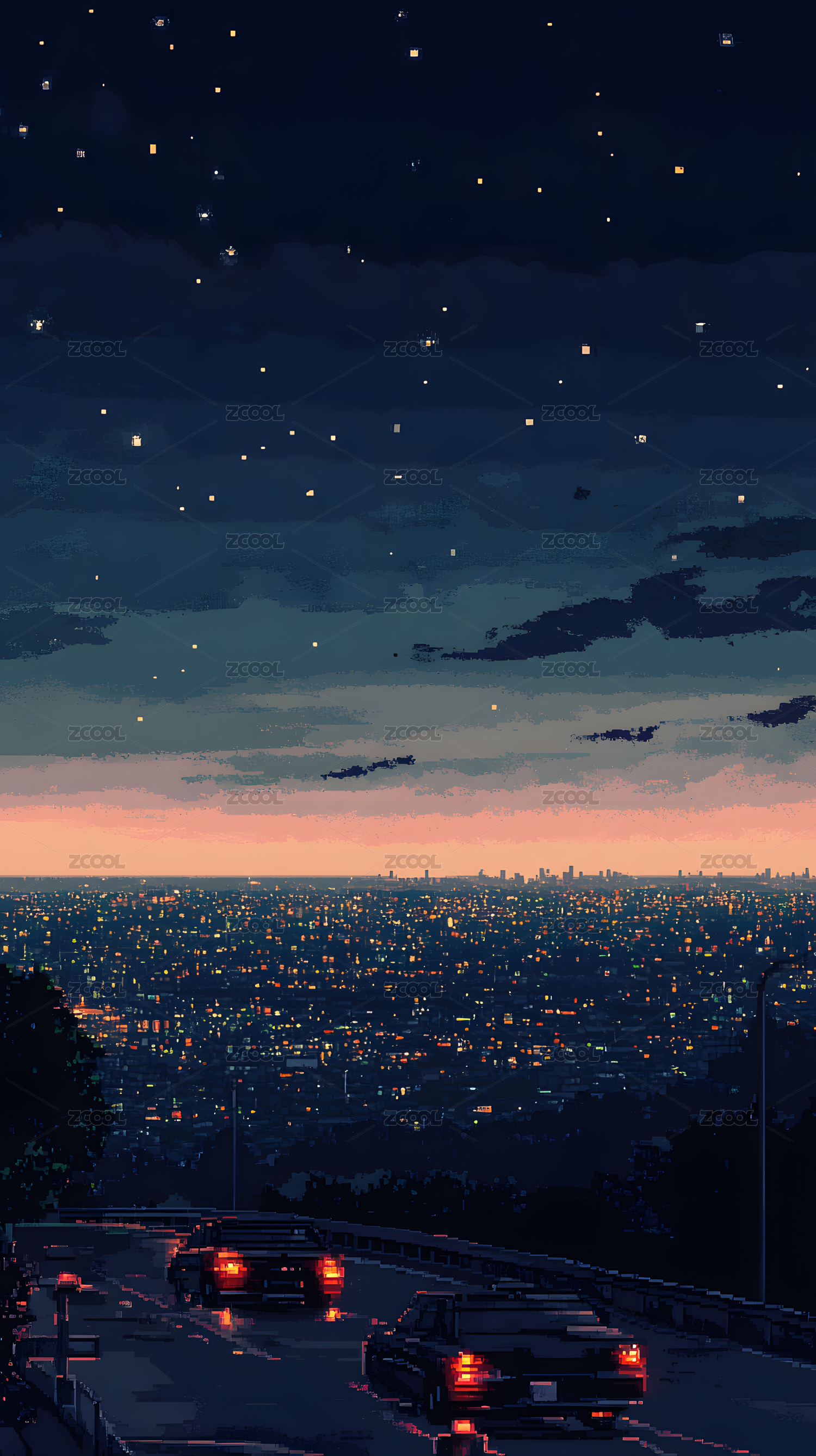夜晚城市公路夜景像素画